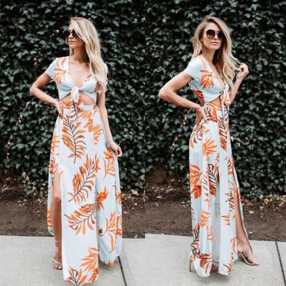 Latiste Mint Blue/Tropical Leaf Orange Island Hop Cut Out Maxi Dress. NWT Size S - Picture 13 of 13